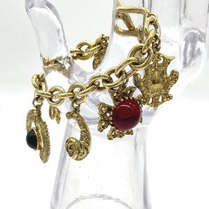Gold Tone Heraldic Charm Bracelet Red Black Cabochon Toggle 7.5 Inch